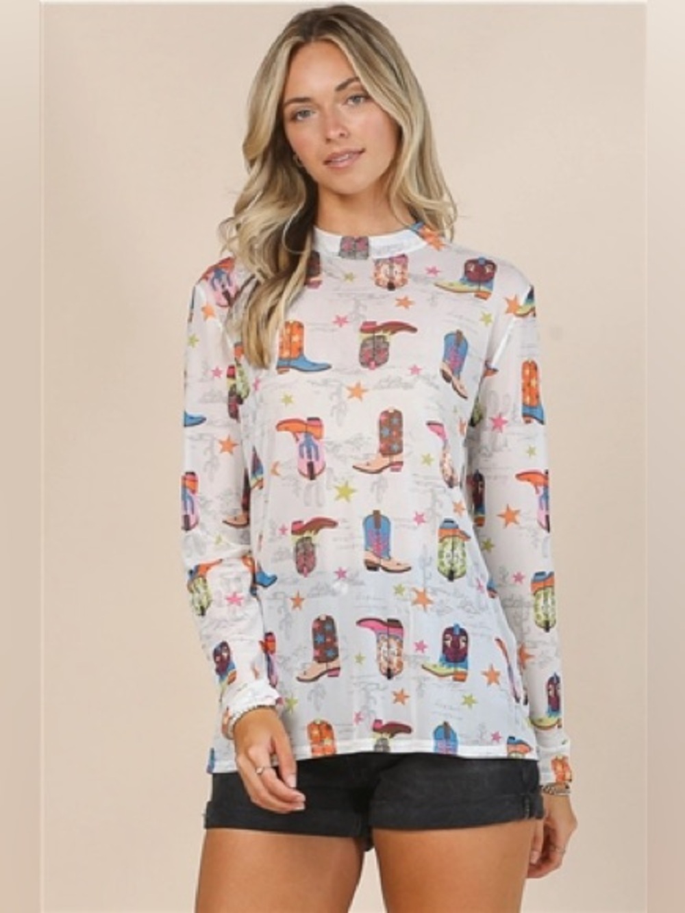 Avery Mesh Cowboy Boot Print Long Sleeve Shirt